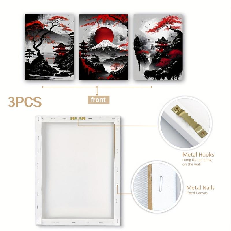 3pcs Japanese Landscape Painting Red Poster Ink Art Prints for Home Deco