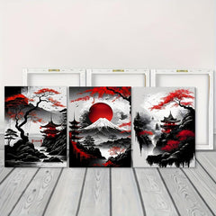 3pcs Japanese Landscape Painting Red Poster Ink Art Prints for Home Deco