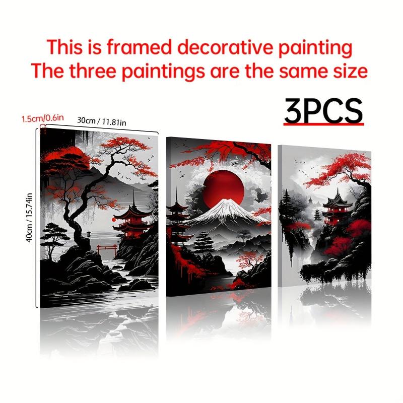 3pcs Japanese Landscape Painting Red Poster Ink Art Prints for Home Deco
