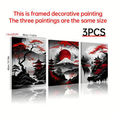 3pcs Japanese Landscape Painting Red Poster Ink Art Prints for Home Deco