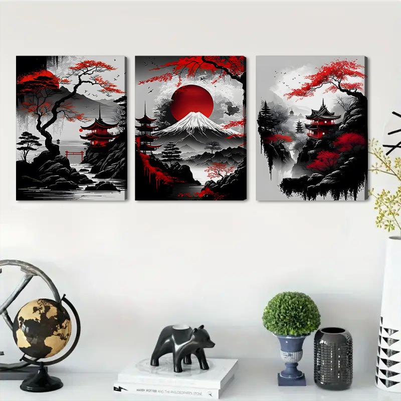 3pcs Japanese Landscape Painting Red Poster Ink Art Prints for Home Deco