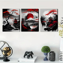 3pcs Japanese Landscape Painting Red Poster Ink Art Prints for Home Deco