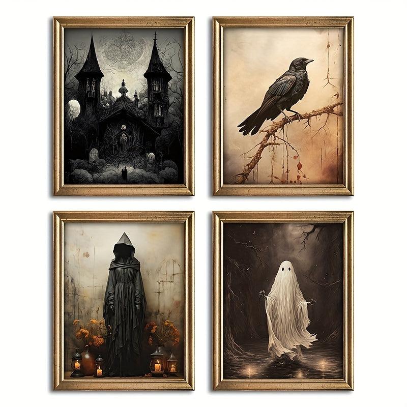 4pcs Canvas Poster Modern Art Halloween Crow Wall Art Spooky Ghost