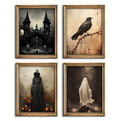 4pcs Canvas Poster Modern Art Halloween Crow Wall Art Spooky Ghost