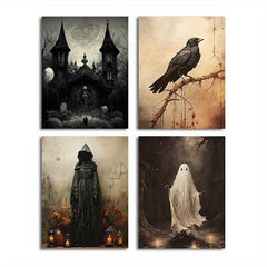 4pcs Canvas Poster Modern Art Halloween Crow Wall Art Spooky Ghost