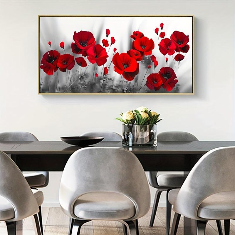Gray Background Red Poppy And Rose Wall Canvas Painting