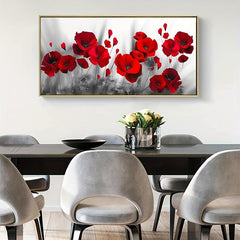 Gray Background Red Poppy And Rose Wall Canvas Painting