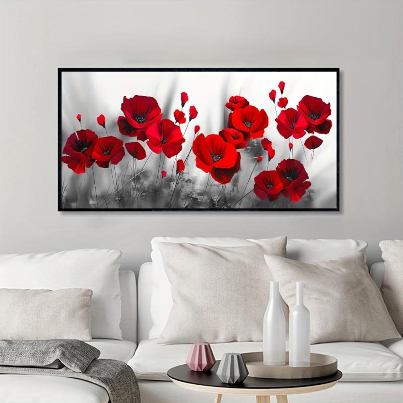 Gray Background Red Poppy And Rose Wall Canvas Painting