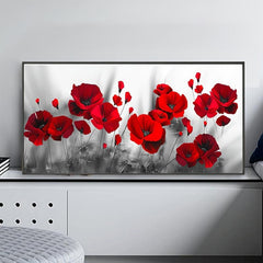 Gray Background Red Poppy And Rose Wall Canvas Painting