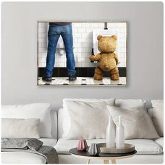 Canvas Poster Modern Art Funny Teddy Bear And Man In The Toilet Poster