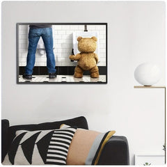 Canvas Poster Modern Art Funny Teddy Bear And Man In The Toilet Poster
