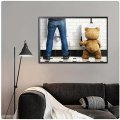Canvas Poster Modern Art Funny Teddy Bear And Man In The Toilet Poster