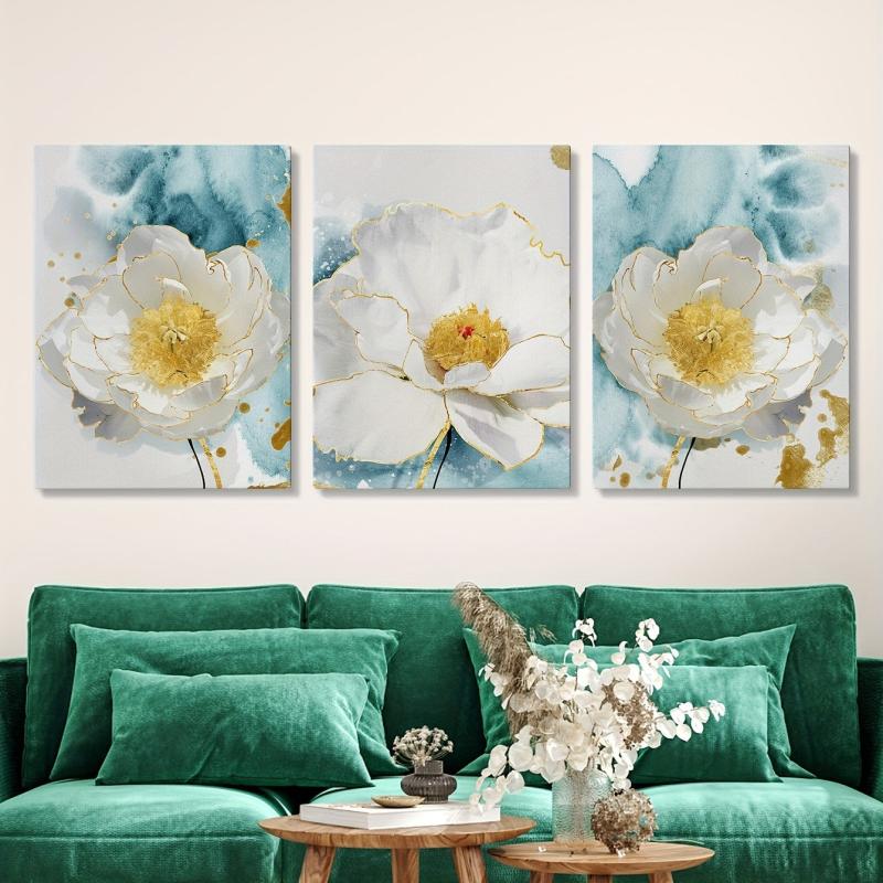 Framed Nordic Modern Style Floral Painting with Ink Wash Background