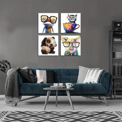 Animal Pictures Wall Art Set - Dog Panda Happy Frog Pig Glasses Artwork