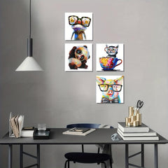 Animal Pictures Wall Art Set - Dog Panda Happy Frog Pig Glasses Artwork