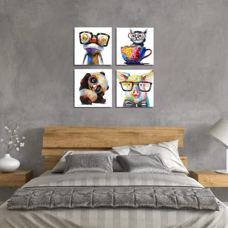 Animal Pictures Wall Art Set - Dog Panda Happy Frog Pig Glasses Artwork