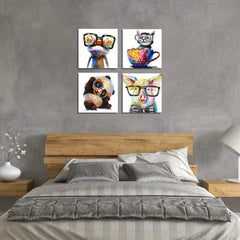 Animal Pictures Wall Art Set - Dog Panda Happy Frog Pig Glasses Artwork