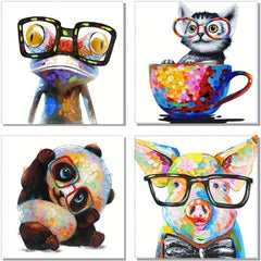 Animal Pictures Wall Art Set - Dog Panda Happy Frog Pig Glasses Artwork