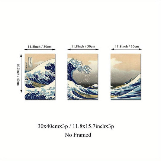 3pcs Kanagawa Chong Langli Canvas Paintings HD Ukiyos Printmaking Wall Art