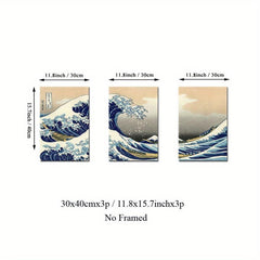 3pcs Kanagawa Chong Langli Canvas Paintings HD Ukiyos Printmaking Wall Art