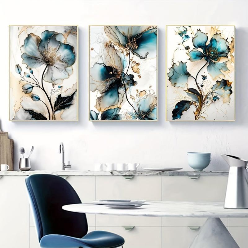 3pcs Flowers Wall Poster Foil Print Marble Pattern Art Canvas Wall Art