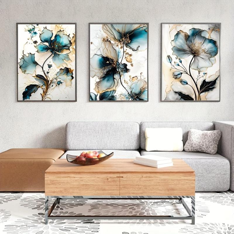 3pcs Flowers Wall Poster Foil Print Marble Pattern Art Canvas Wall Art