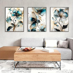 3pcs Flowers Wall Poster Foil Print Marble Pattern Art Canvas Wall Art