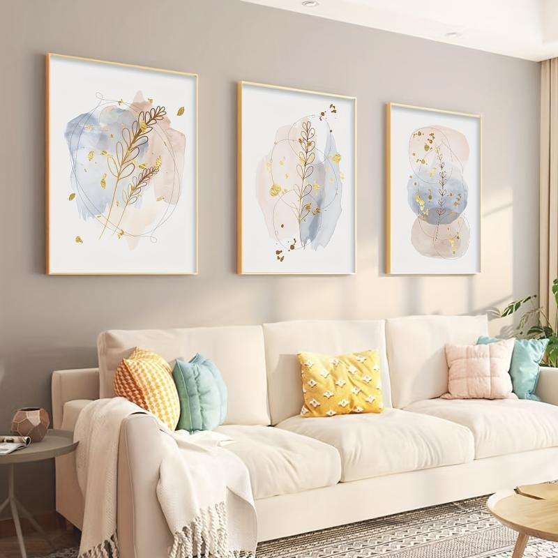 3pcs Abstract Leaf Art Painting Geometric Hand Drawn Canvas Print