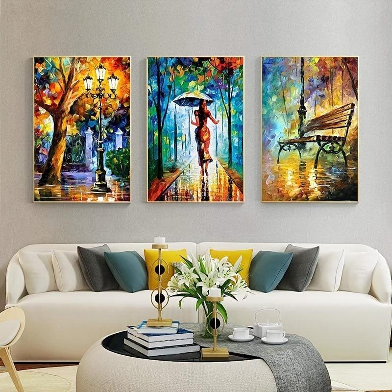 3pcs Abstract Art Canvas Paintings - Forest Street Rainy Pictures