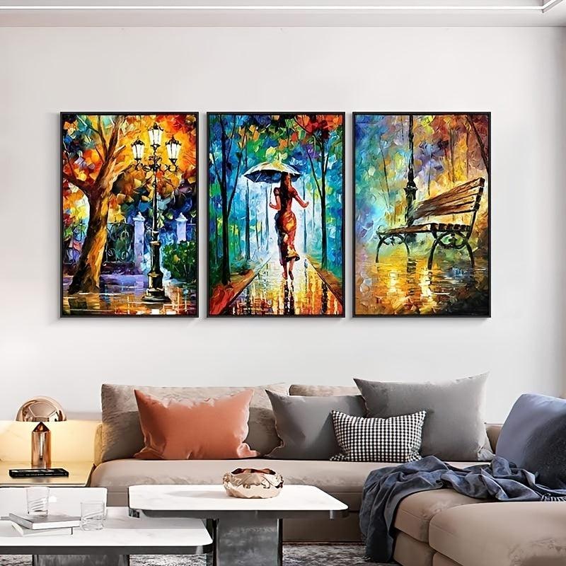 3pcs Abstract Art Canvas Paintings - Forest Street Rainy Pictures