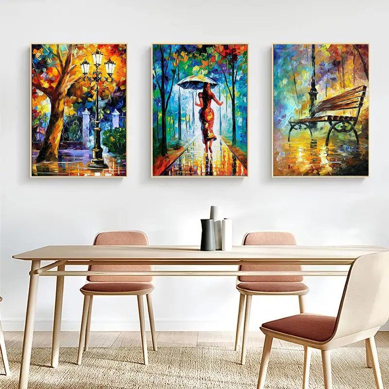 3pcs Abstract Art Canvas Paintings - Forest Street Rainy Pictures