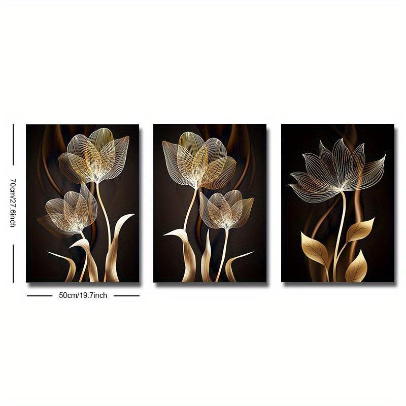 3pcs Golden Flower Plant Abstract Canvas Painting Floral Botanical Art