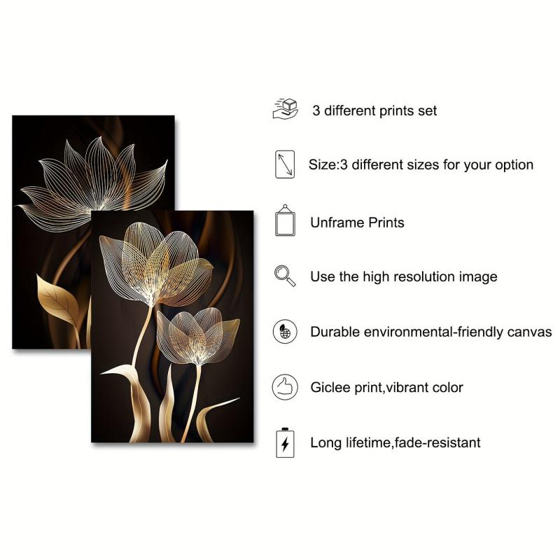 3pcs Golden Flower Plant Abstract Canvas Painting Floral Botanical Art