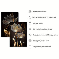 3pcs Golden Flower Plant Abstract Canvas Painting Floral Botanical Art