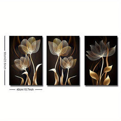 3pcs Golden Flower Plant Abstract Canvas Painting Floral Botanical Art
