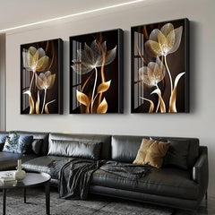 3pcs Golden Flower Plant Abstract Canvas Painting Floral Botanical Art