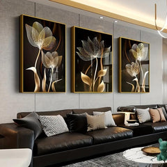 3pcs Golden Flower Plant Abstract Canvas Painting Floral Botanical Art