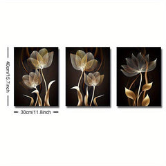 3pcs Golden Flower Plant Abstract Canvas Painting Floral Botanical Art