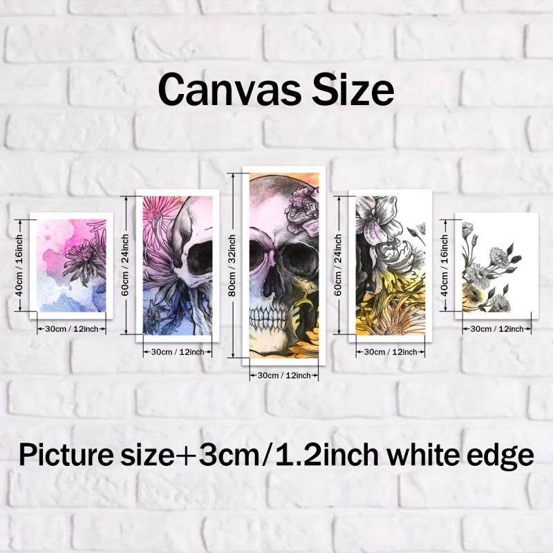 5pcs Halloween Canvas Poster Skull & Flowers Home Decor Gift Bedroom Wall Art