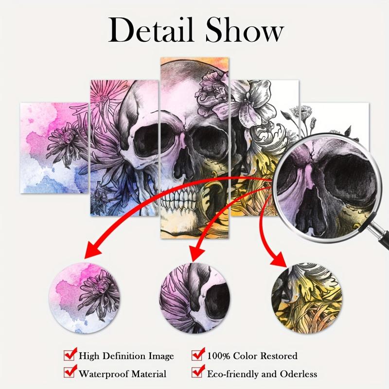 5pcs Halloween Canvas Poster Skull & Flowers Home Decor Gift Bedroom Wall Art