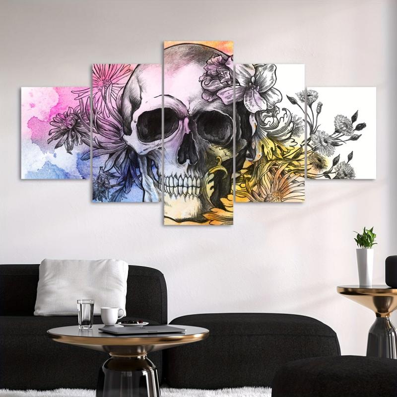 5pcs Halloween Canvas Poster Skull & Flowers Home Decor Gift Bedroom Wall Art