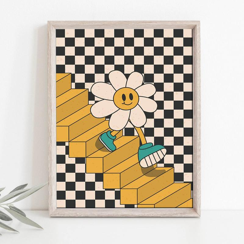 Checkered Background Canvas Wall Art Sunflower Posters Home Decor