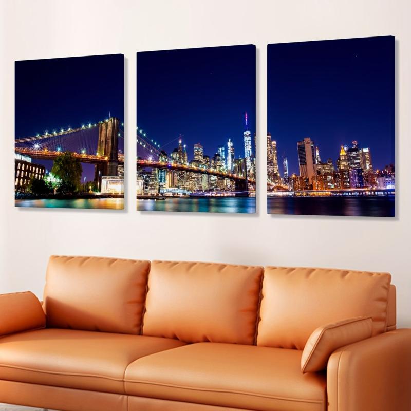 Modern City Night View & Bridge Hand Painted Art Canvas Prints
