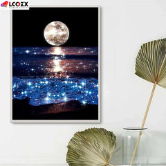 5D DIY Rhinestones Painting Seaside Moon Full Round Rhinestones