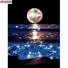 5D DIY Rhinestones Painting Seaside Moon Full Round Rhinestones
