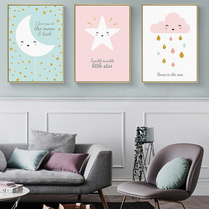 3pcs Cartoon Cloud Star Moon Canvas Print Wall Art for Living Room