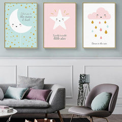 3pcs Cartoon Cloud Star Moon Canvas Print Wall Art for Living Room