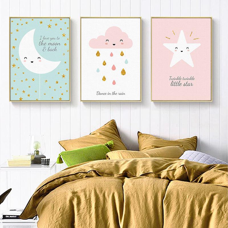 3pcs Cartoon Cloud Star Moon Canvas Print Wall Art for Living Room