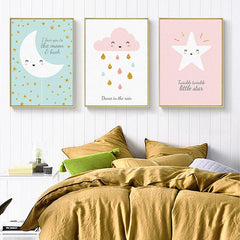 3pcs Cartoon Cloud Star Moon Canvas Print Wall Art for Living Room