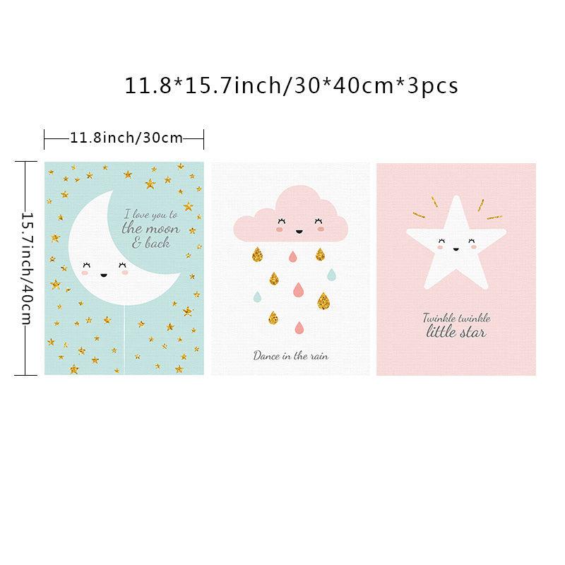 3pcs Cartoon Cloud Star Moon Canvas Print Wall Art for Living Room